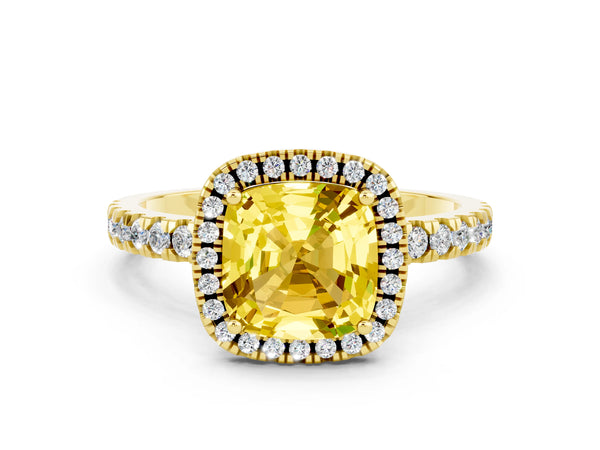 Yellow gold Cushion Cut Yellow Sapphire Classic Halo Engagement Ring with Round Pavé Band and Prong Setting