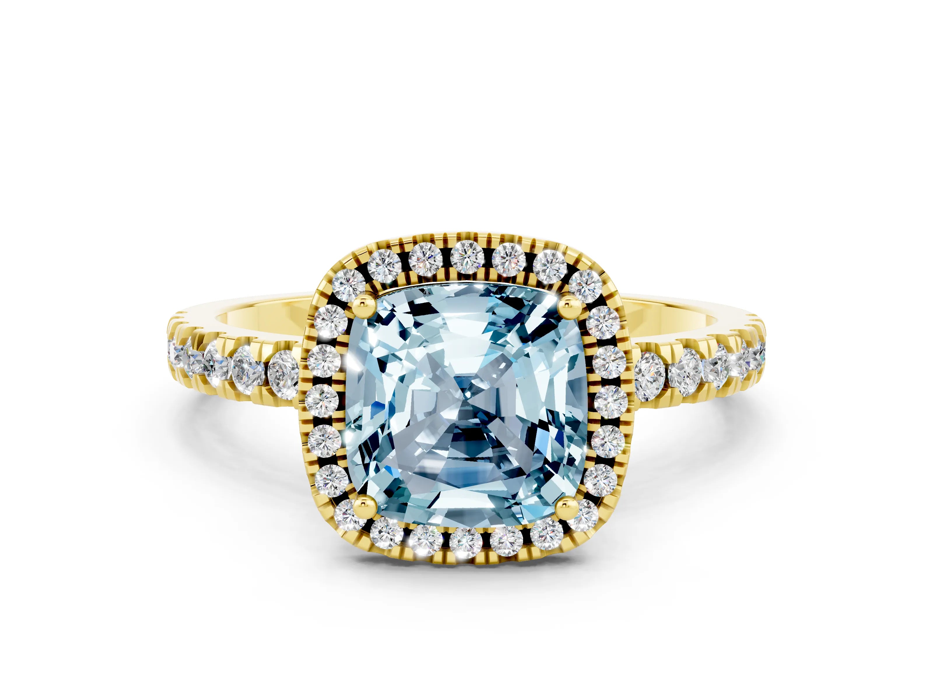 Yellow gold Cushion Cut Halo Diamond Pave Band with Prong Setting