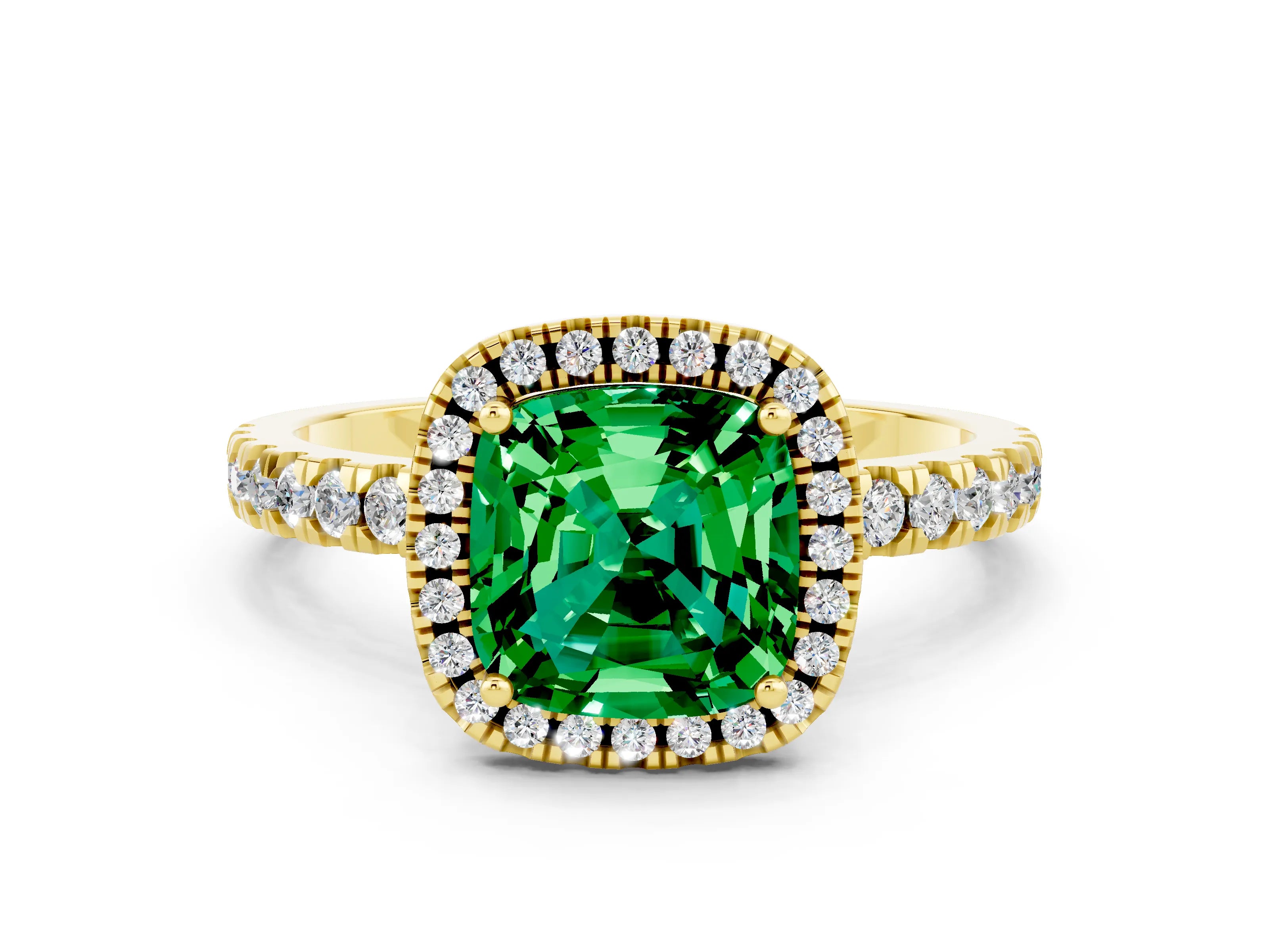 Yellow gold Cushion Cut Halo Diamond Pave Band with Prong Setting