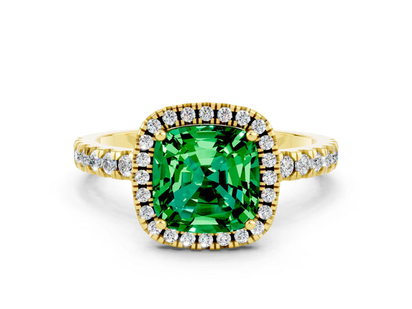 Yellow gold Cushion Cut Emerald Classic Halo Engagement Ring with Round Pavé Band and Prong Setting