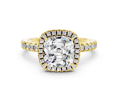 Yellow gold Cushion Cut Halo Diamond Pave Band with Prong Setting