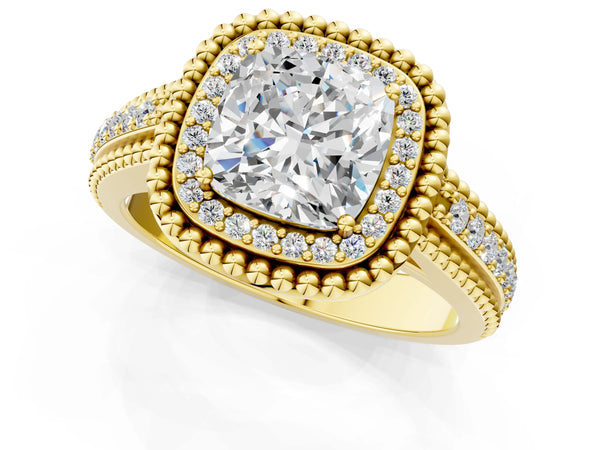 Yellow Gold Cushion Cut Beaded Halo Engagement Ring Setting with Pave