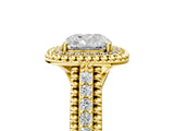 Yellow gold Cushion Cut Halo Diamond Ring with Beaded Split Shank and Four-Prong Setting_14