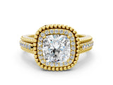 Yellow gold Cushion Cut Halo Diamond Ring with Beaded Split Shank and Four-Prong Setting_9