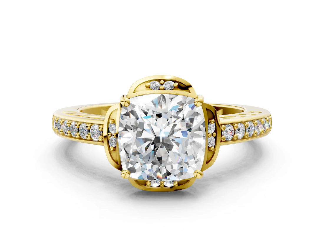 Yellow gold Cushion Cut Halo Diamond Ring with Channel Set Band and Four-Prong Setting_32