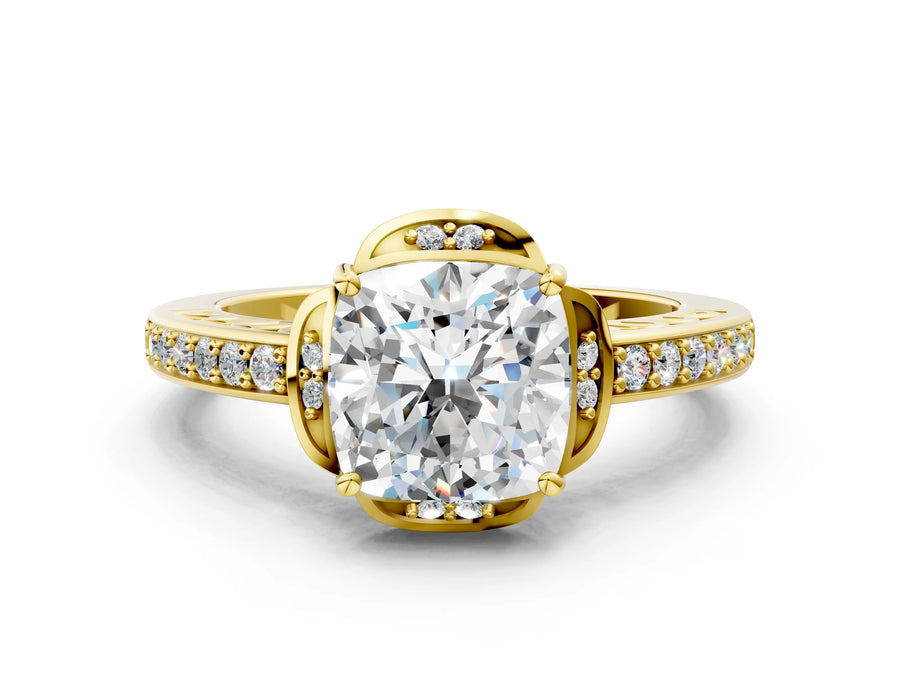 Yellow gold Cushion Cut Halo Diamond Ring with Channel Set Band and Four-Prong Setting