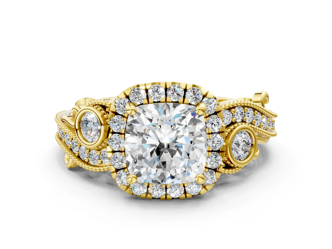 Yellow gold Cushion Cut Halo Diamond Ring with Milgrain and Bezel Accents on a Split Shank Band_15