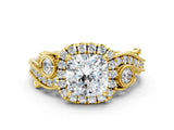 Yellow gold Cushion Cut Halo Diamond Ring with Milgrain and Bezel Accents on a Split Shank Band_15