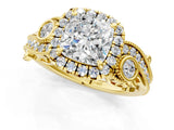 Yellow gold Cushion Cut Halo Diamond Ring with Milgrain and Bezel Accents on a Split Shank Band_16