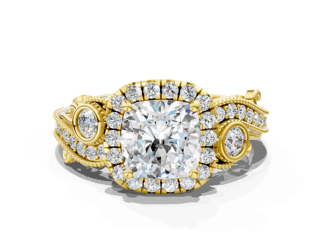 Yellow gold Cushion Cut Halo Diamond Ring with Milgrain and Bezel Accents on a Split Shank Band_27