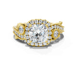 Yellow gold Cushion Cut Halo Diamond Ring with Milgrain and Bezel Accents on a Split Shank Band_27