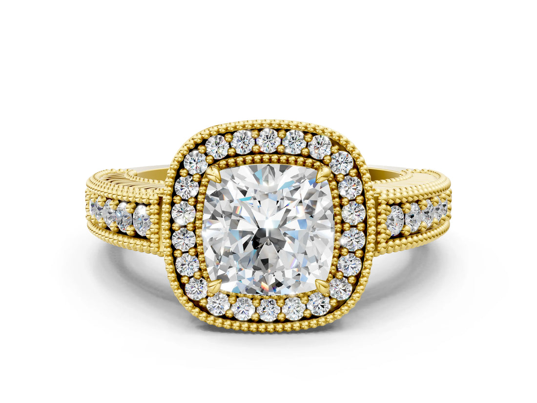Yellow gold Cushion Cut Halo Diamond Ring with Pavé Band and Four-Prong Setting_58