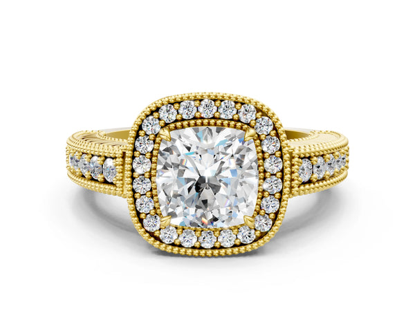 Yellow gold Cushion Cut Halo Diamond Ring with Pavé Band and Four-Prong Setting