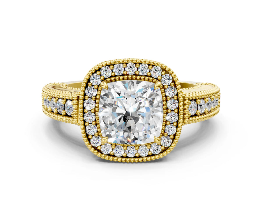 Yellow gold Cushion Cut Halo Diamond Ring with Pavé Band and Four-Prong Setting