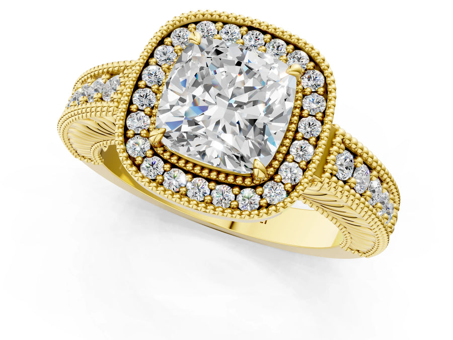 Yellow gold Cushion Cut Halo Diamond Ring with Pavé Band and Four-Prong Setting