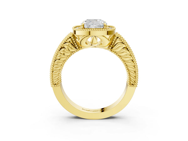 Yellow gold Cushion Cut Halo Diamond Ring with Pavé Band and Four-Prong Setting