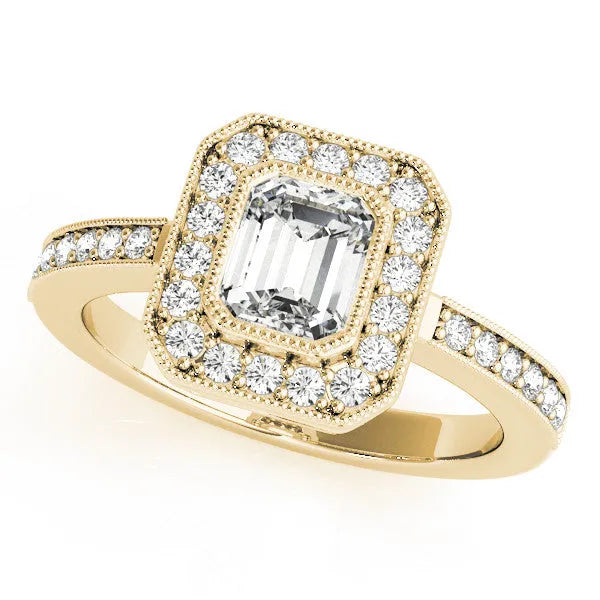 Yellow gold Cushion-Cut Halo Diamond Ring with Pavé Band and Milgrain Prong Setting