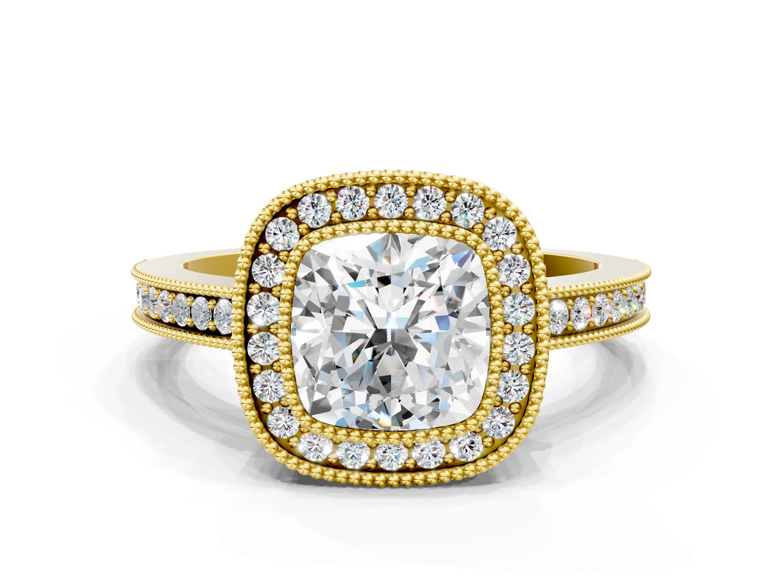 Yellow gold Cushion Cut Halo Diamond Ring with Pavé Band and Milgrain Prong Setting_32