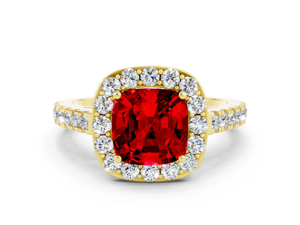 Yellow gold Cushion Cut Ruby Halo Ring with Round Pavé Split Shank and Prong Setting