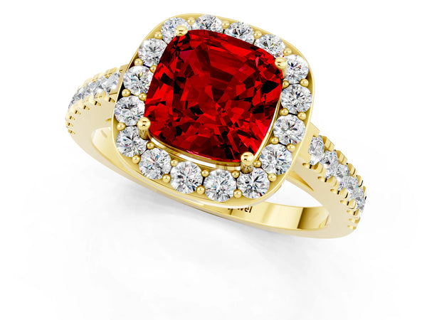 Yellow gold Cushion Cut Ruby Halo Ring with Round Pavé Split Shank and Prong Setting