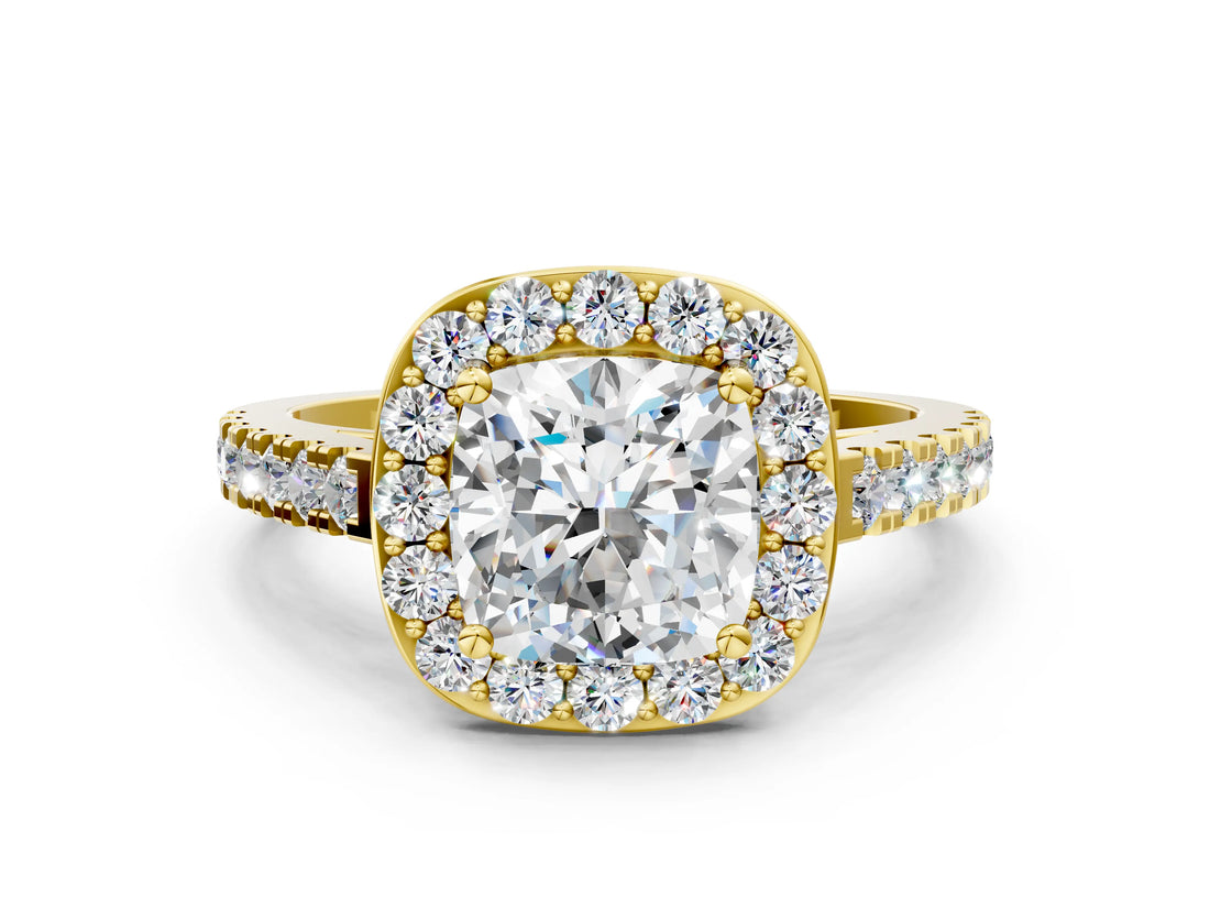 Yellow gold Cushion Cut Halo Diamond Ring with Pavé Band and Three-Prong Setting_12