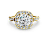 Yellow gold Cushion Cut Halo Diamond Ring with Pavé Band and Three-Prong Setting_12