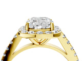 Yellow gold Cushion Cut Halo Diamond Ring with Pavé Band and Three-Prong Setting_16