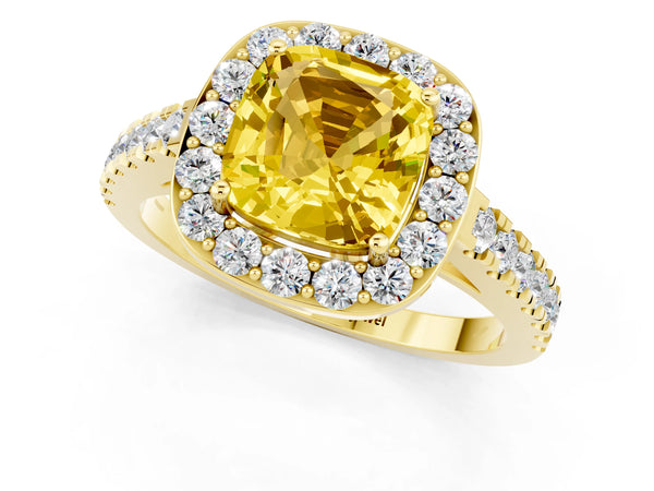 Yellow gold Cushion Cut Yellow Sapphire Halo Ring with Round Pavé Split Shank and Prong Setting