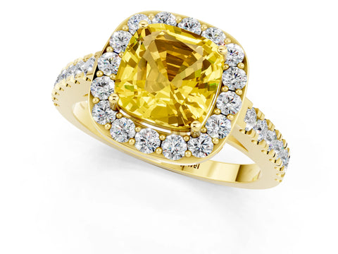 Yellow gold Cushion Cut Halo Diamond Ring with Pavé Band and Three-Prong Setting_1