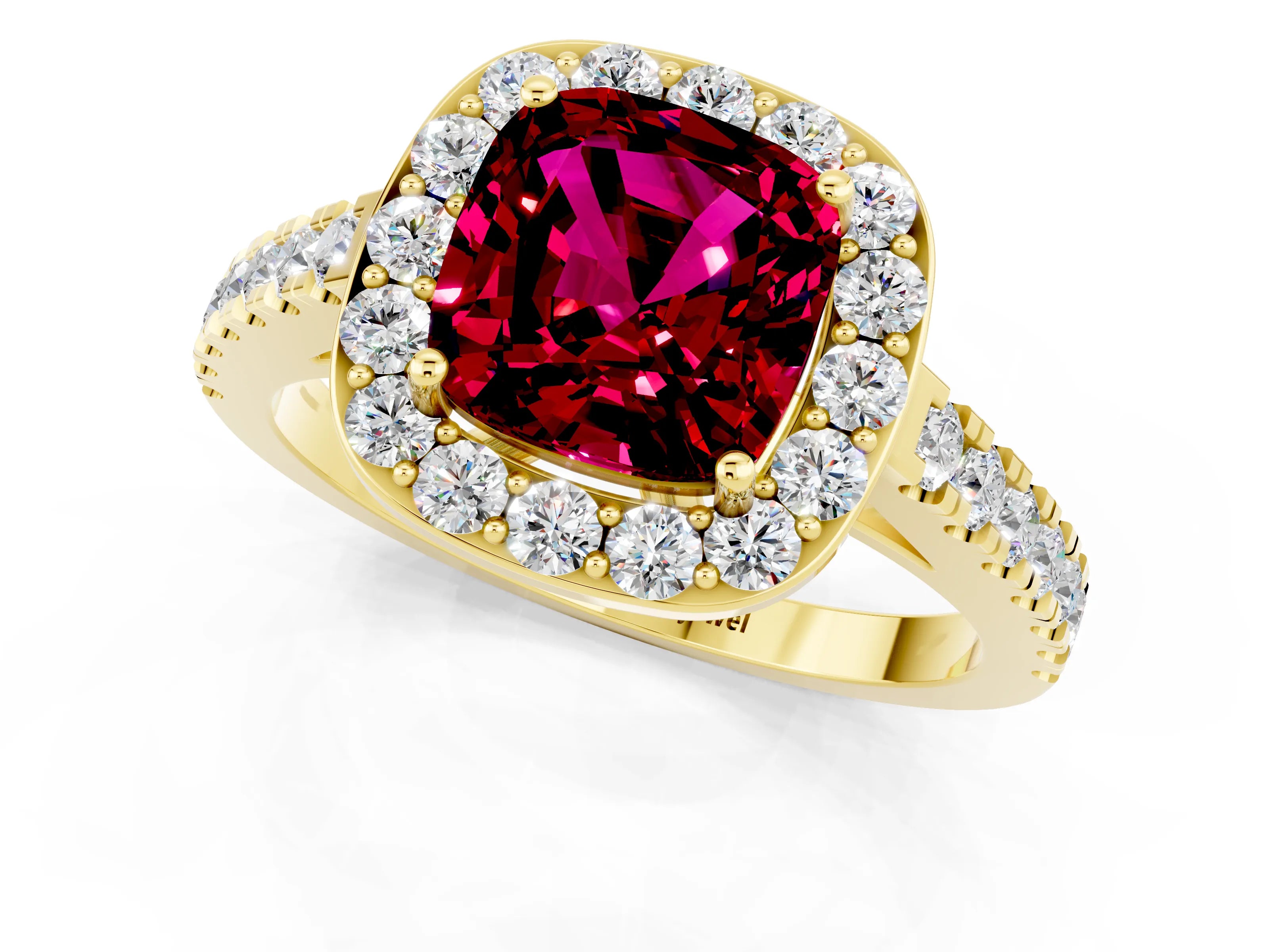 Yellow gold Cushion Cut Halo Diamond Ring with Pavé Band and Three-Prong Setting_1