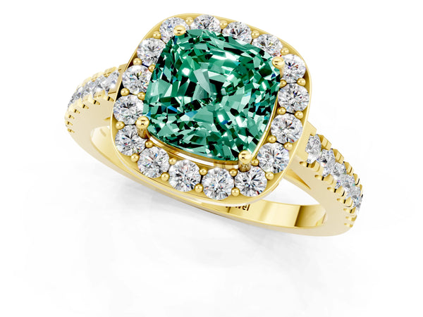 Yellow gold Cushion Cut Green Sapphire Halo Ring with Round Pavé Split Shank and Prong Setting
