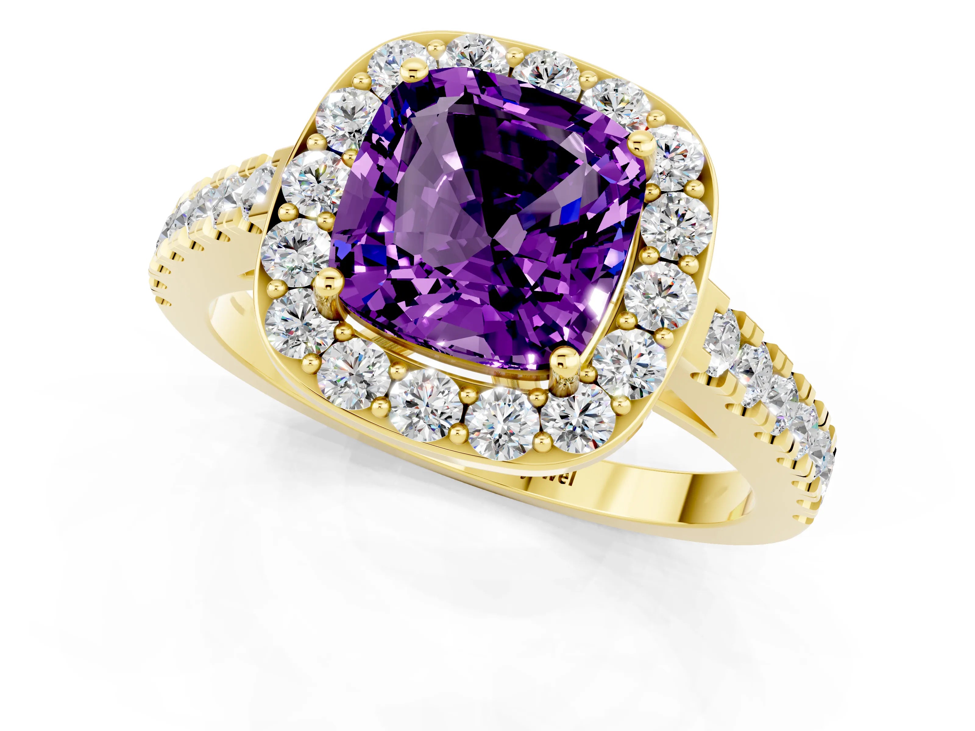 Yellow gold Cushion Cut Halo Diamond Ring with Pavé Band and Three-Prong Setting_1
