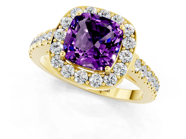 Yellow gold Cushion Cut Amethyst Halo Ring with Round Pavé Split Shank and Prong Setting
