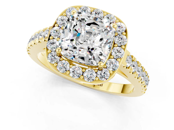 Yellow gold Cushion Cut Moissanite Halo Ring with Round Pavé Split Shank and Prong Setting