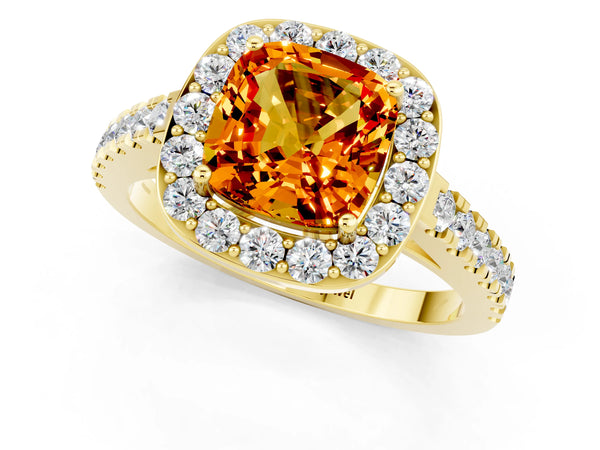 Yellow gold Cushion Cut Citrine Halo Ring with Round Pavé Split Shank and Prong Setting