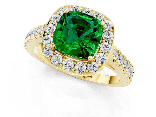 Yellow gold Cushion Cut Emerald Halo Ring with Round Pavé Split Shank and Prong Setting
