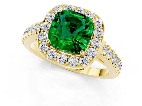 Yellow gold Cushion Cut Halo Diamond Ring with Pavé Band and Three-Prong Setting_1
