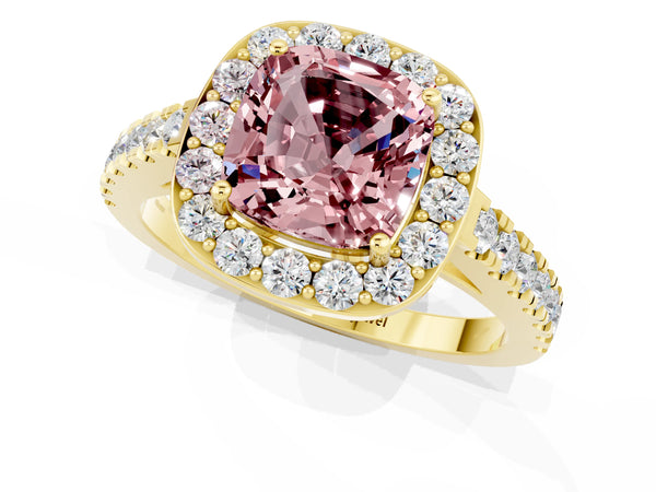 Yellow gold Cushion Cut Halo Diamond Ring with Pavé Band and Three-Prong Setting