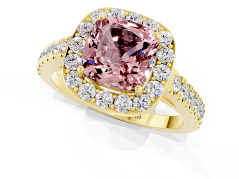 Yellow gold Cushion Cut Halo Diamond Ring with Pavé Band and Three-Prong Setting_1