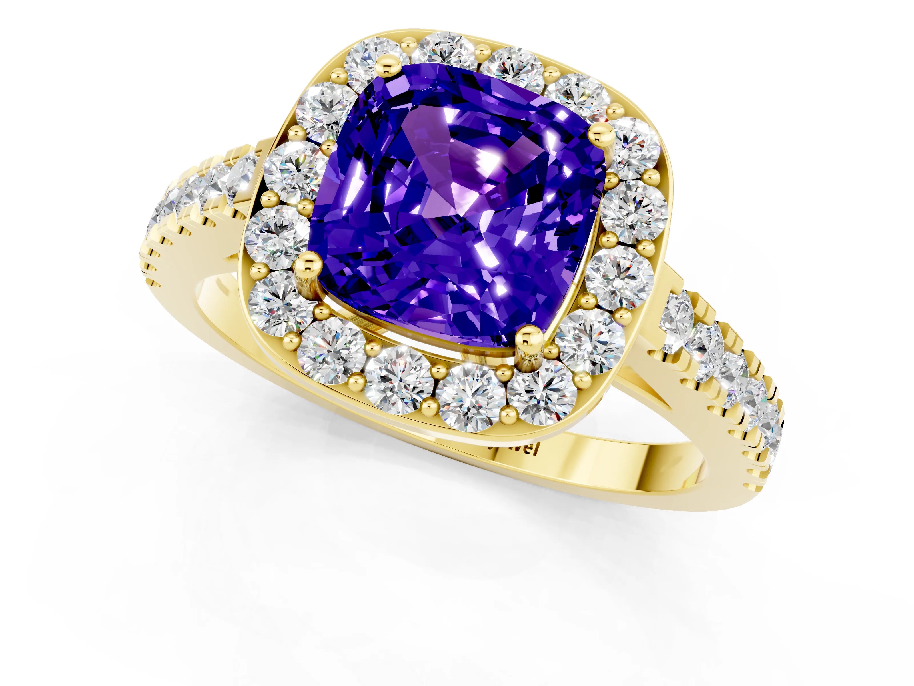 Yellow gold Cushion Cut Halo Diamond Ring with Pavé Band and Three-Prong Setting_1