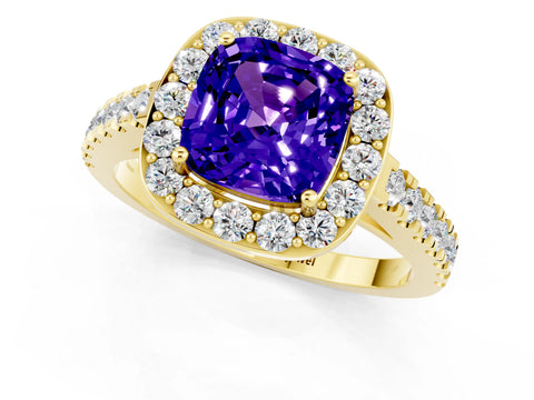 Yellow gold Cushion Cut Halo Diamond Ring with Pavé Band and Three-Prong Setting_1