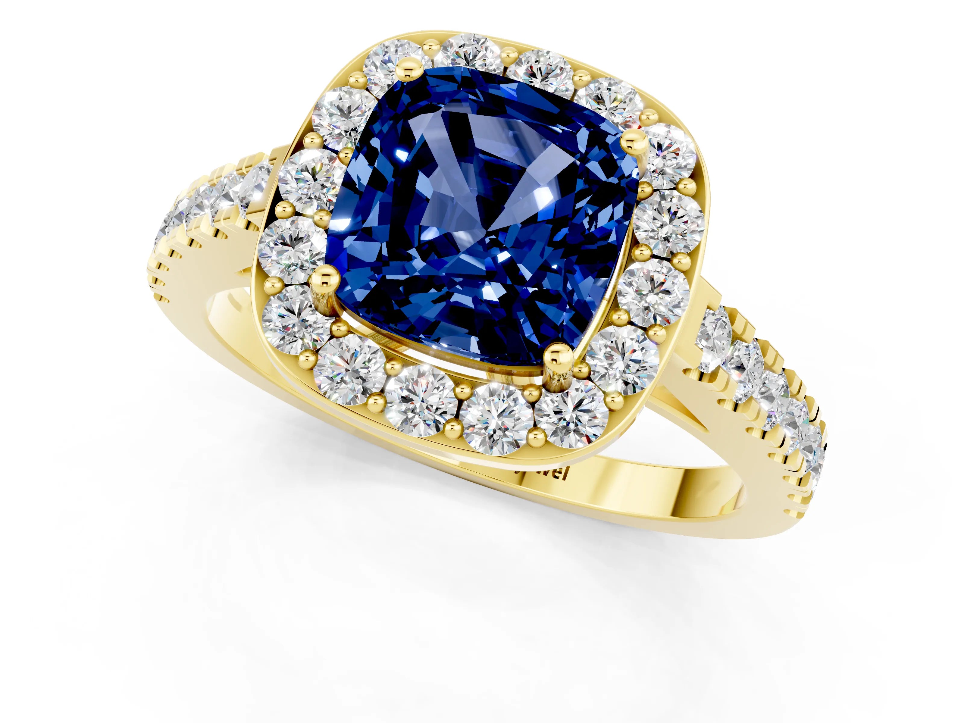 Yellow gold Cushion Cut Halo Diamond Ring with Pavé Band and Three-Prong Setting_1