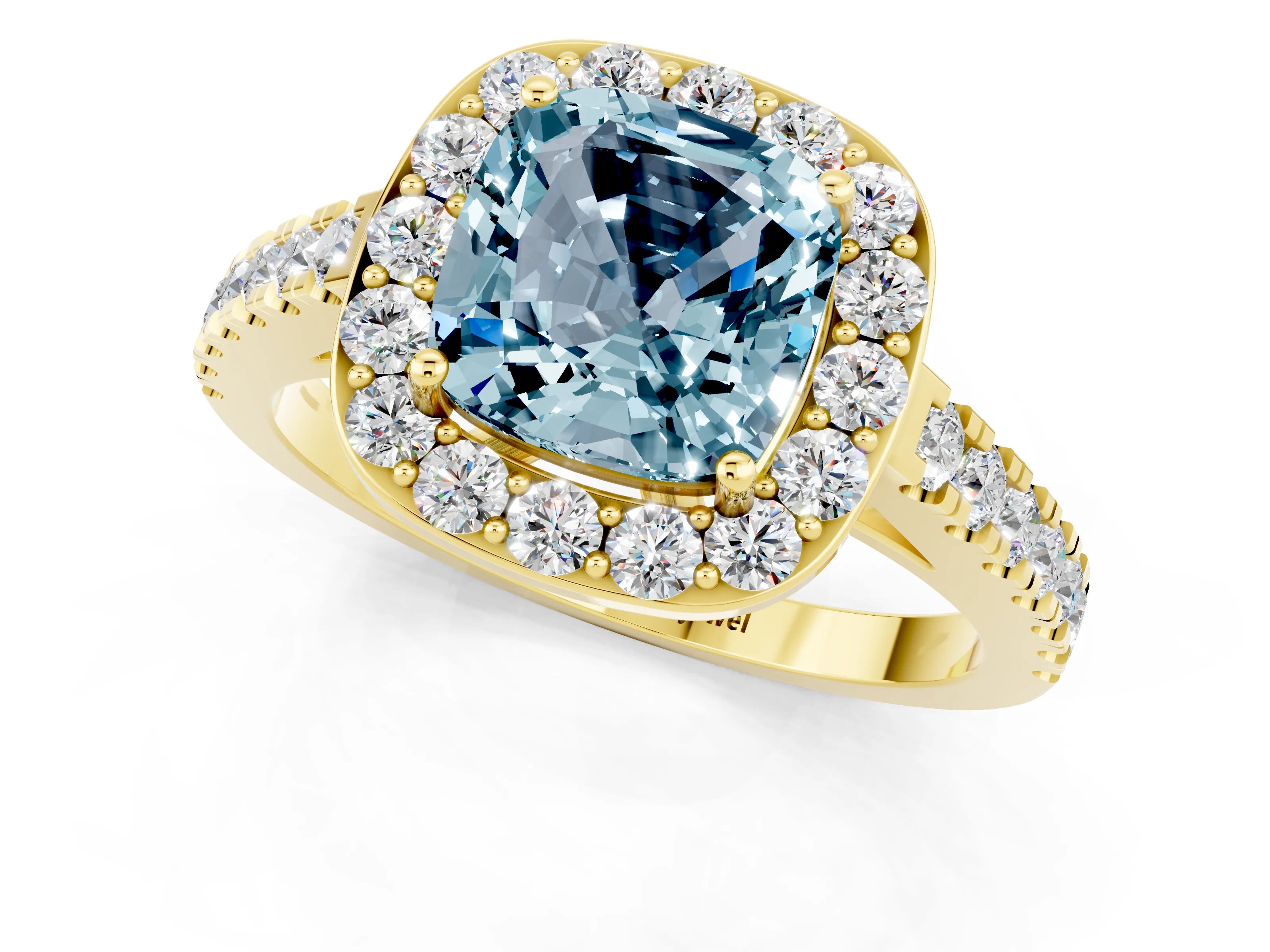 Yellow gold Cushion Cut Halo Diamond Ring with Pavé Band and Three-Prong Setting_1
