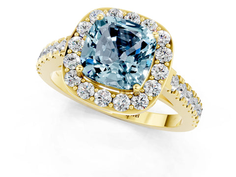 Yellow gold Cushion Cut Halo Diamond Ring with Pavé Band and Three-Prong Setting_1