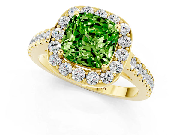 Yellow gold Cushion Cut Halo Diamond Ring with Pavé Band and Three-Prong Setting