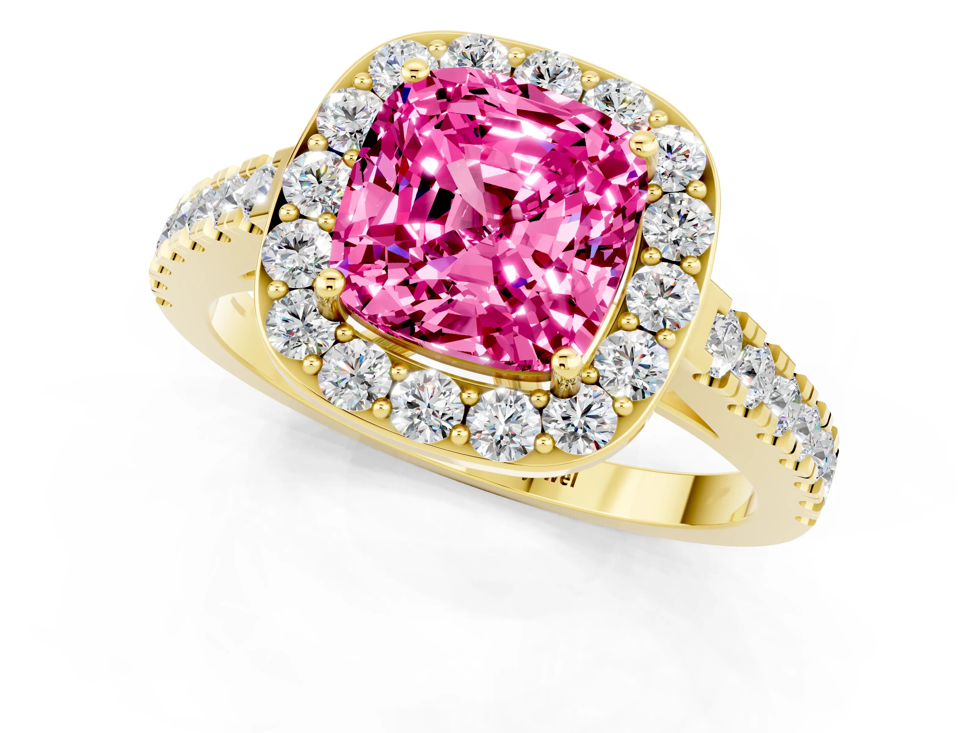 Yellow gold Cushion Cut Halo Diamond Ring with Pavé Band and Three-Prong Setting_1