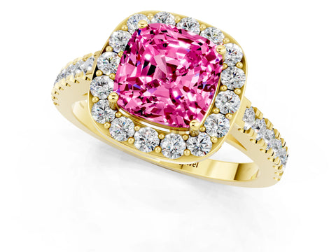 Yellow gold Cushion Cut Halo Diamond Ring with Pavé Band and Three-Prong Setting_1
