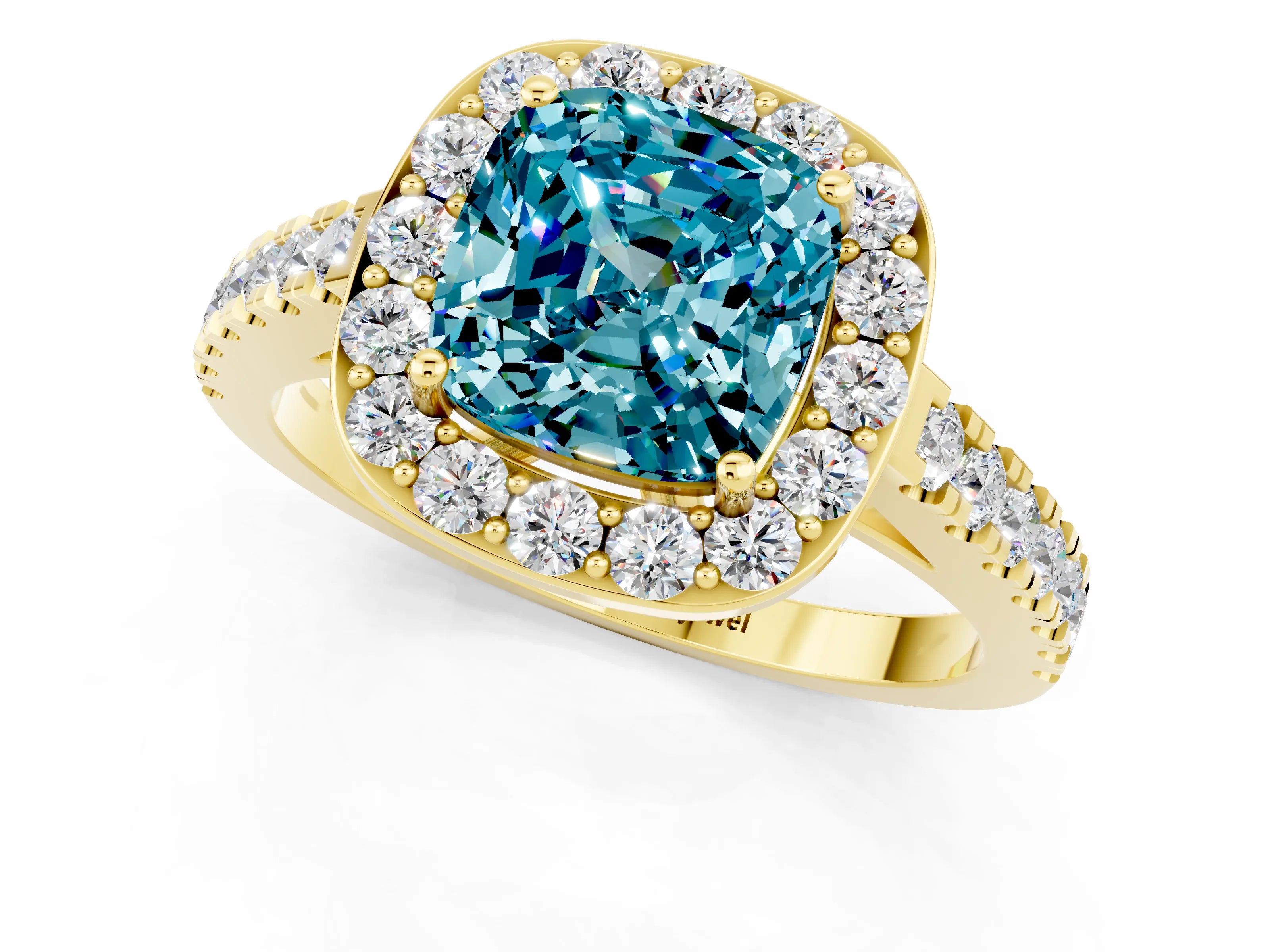 Yellow gold Cushion Cut Halo Diamond Ring with Pavé Band and Three-Prong Setting_1