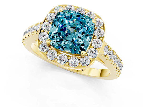 Yellow gold Cushion Cut Halo Diamond Ring with Pavé Band and Three-Prong Setting