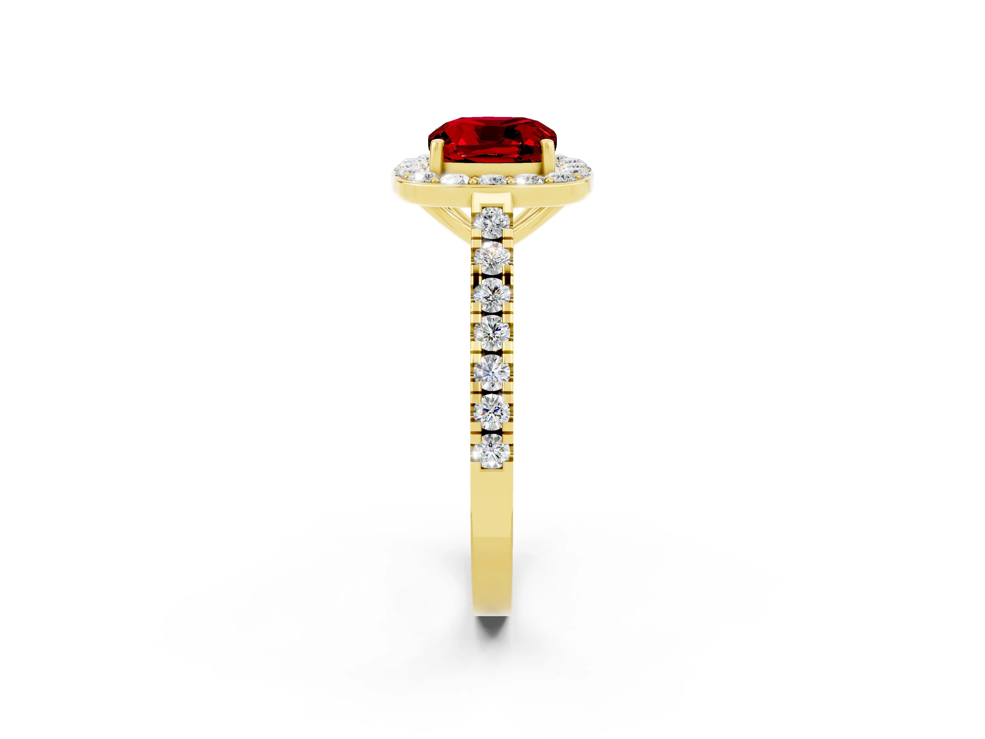 Yellow gold Cushion Cut Halo Diamond Ring with Pavé Band and Three-Prong Setting_2
